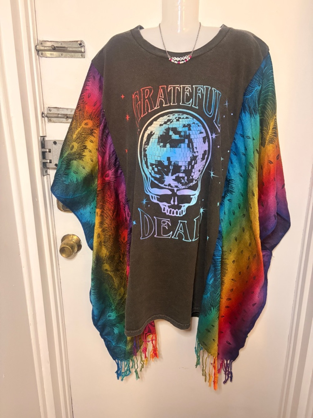 Rainbow Grateful Dead Poncho with feather Pashmina-fringe hippie festival, flowy